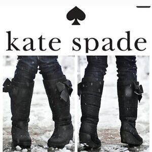 Kate Spade Tall Black Wedge Bow Winter Boots Sz 10